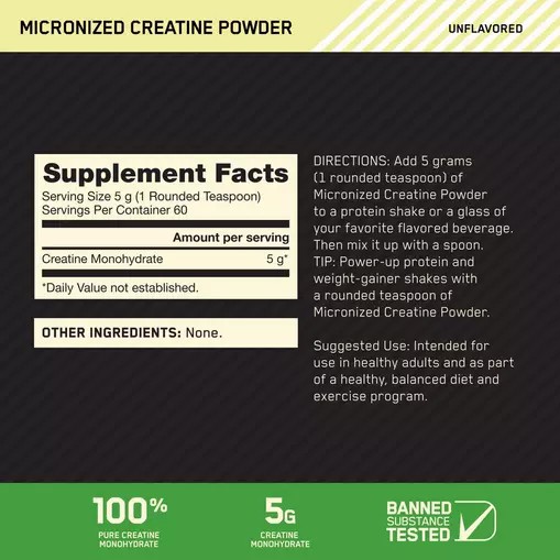 Optimum Nutrition Micronized Creatine Powder Unflavored 0.66 lb (60 Servings) Creatine Powder | 20795DMUT
