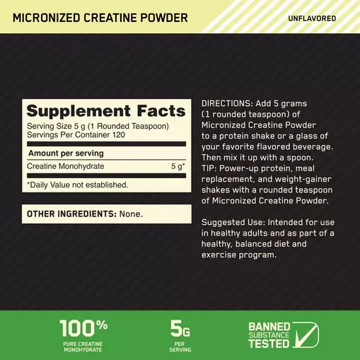 Optimum Nutrition Micronized Creatine Powder Unflavored 1.32 lb (120 Servings) Creatine Powder | 09524HTPJ
