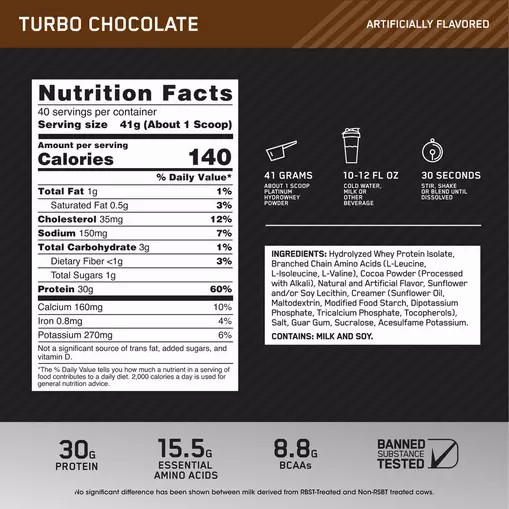 Optimum Nutrition PLATINUM HYDROWHEY™ Turbo Chocolate 3.61 lb (40 Servings) Whey Protein Powder | 15862GNJL