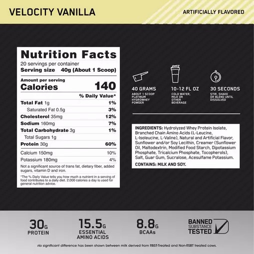 Optimum Nutrition PLATINUM HYDROWHEY™ Velocity Vanilla 1.76 lb (20 Servings) Whey Protein Powder | 07256FWLK