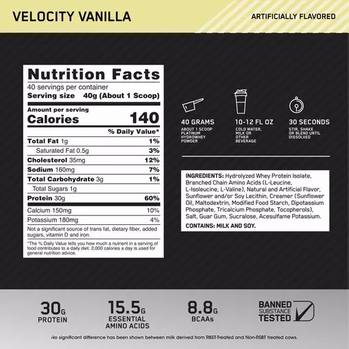 Optimum Nutrition PLATINUM HYDROWHEY™ Velocity Vanilla 3.52 lb (40 Servings) Whey Protein Powder | 39652TEZO