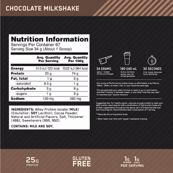 Optimum Nutrition Performance Isolate Chocolate 2.27kg Protein Powder | 46273BKYE