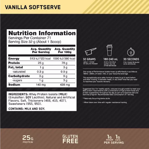 Optimum Nutrition Performance Isolate Vanilla 2.27kg Protein Powder | 68472LVJI