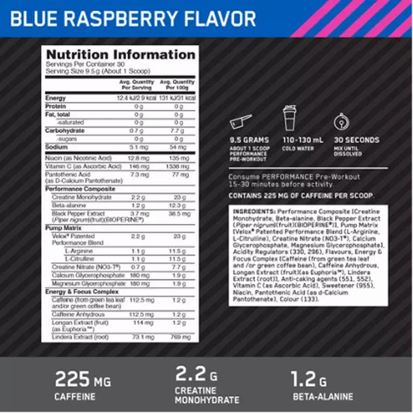 Optimum Nutrition Performance Pre-Workout Blue Raspberry 285g Performance Pre Workout | 89516ULTN