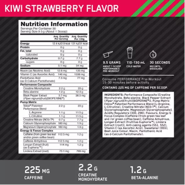 Optimum Nutrition Performance Pre-Workout Kiwi Strawberry 285g Performance Pre Workout | 17329TDXF