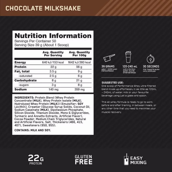 Optimum Nutrition Performance Whey Chocolate 1.95kg Whey Protein Powder | 51702TSPR