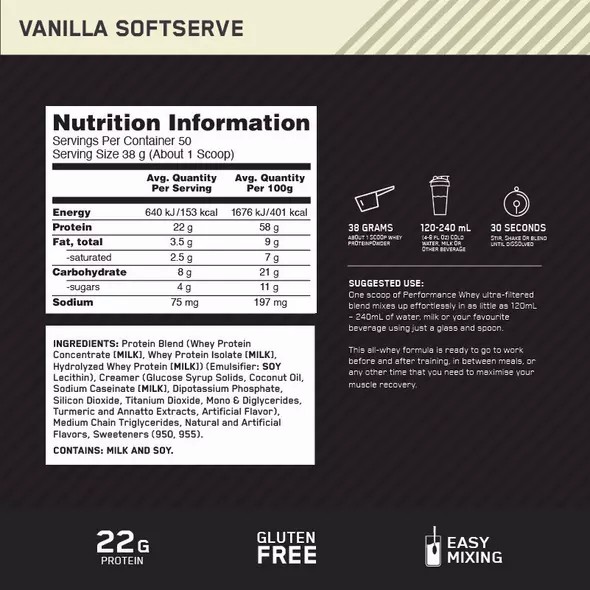 Optimum Nutrition Performance Whey Vanilla 1.95kg Whey Protein Powder | 62473DZSN