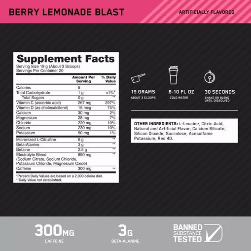Optimum Nutrition Platinum Igniter Berry Lemonade Blast 0.84 lb (20 Servings) Protein Powder | 82031JQRM