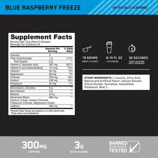 Optimum Nutrition Platinum Igniter Blue Raspberry Freeze 0.84 lb (20 Servings) Protein Powder | 05672ECGF