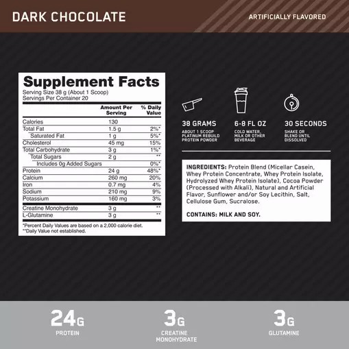 Optimum Nutrition Platinum Rebuild Dark Chocolate 1.67 lb (20 Servings) Protein Powder | 42078SXZL