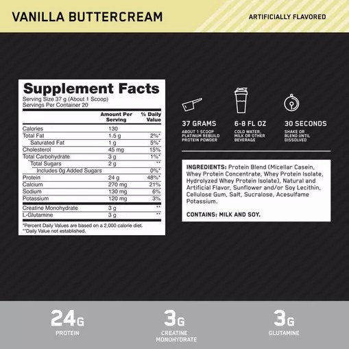 Optimum Nutrition Platinum Rebuild Vanilla Buttercream 1.63 lb (20 Servings) Protein Powder | 02147WPSG