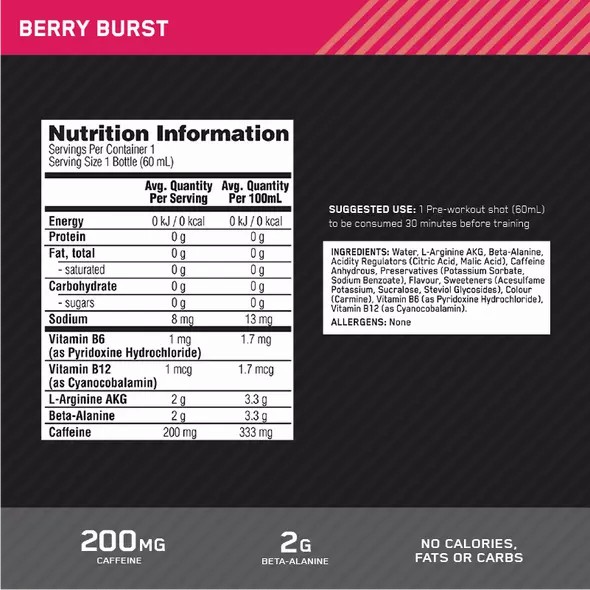Optimum Nutrition Pure Pre 200 Pre-Workout Shot Berry 60ml (12 shots) Pure Pre 200 | 45108IOLE