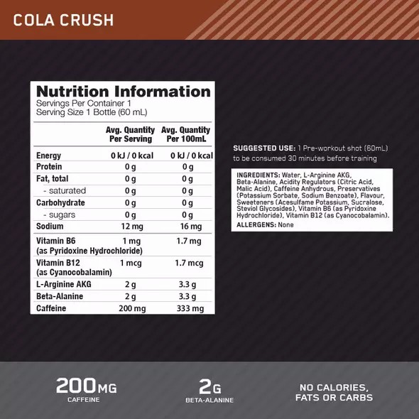 Optimum Nutrition Pure Pre 200 Pre-Workout Shot Cola 60ml (12 shots) Pure Pre 200 | 46810XHJF