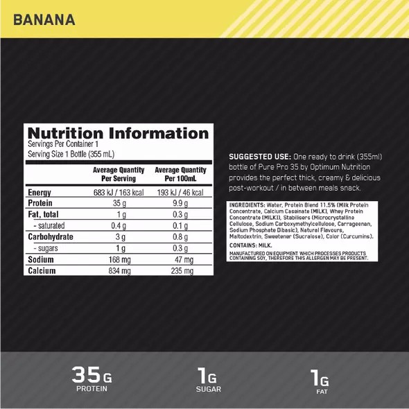 Optimum Nutrition Pure Pro 35 Banana 355ml (6 bottles) Protein Shake | 83160OTVX