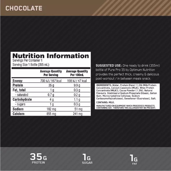 Optimum Nutrition Pure Pro 35 Chocolate 355ml (6 bottles) Protein Shake | 05134BZXF