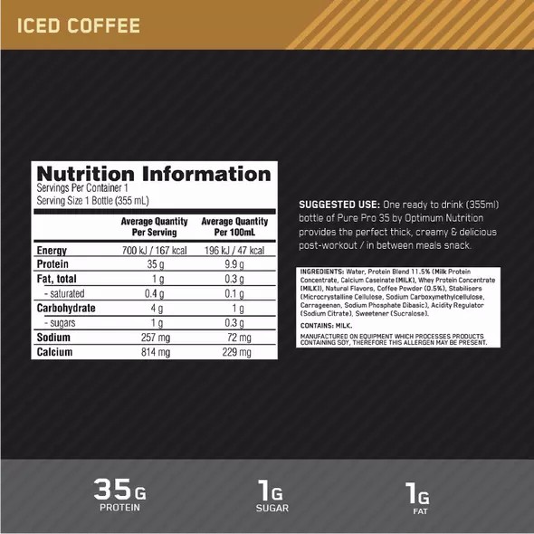Optimum Nutrition Pure Pro 35 Coffee 355ml (6 bottles) Protein Shake | 18975JIXE