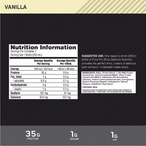 Optimum Nutrition Pure Pro 35 Vanilla 355ml (6 bottles) Protein Shake | 89472OEAU