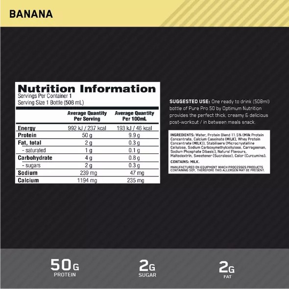 Optimum Nutrition Pure Pro 50 Banana 508ml (12 bottles) Protein Shake | 80794ZVOC