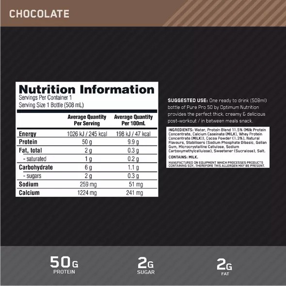 Optimum Nutrition Pure Pro 50 Chocolate 508ml (12 bottles) Protein Shake | 26380CIEL