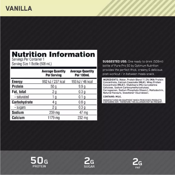 Optimum Nutrition Pure Pro 50 Vanilla 508ml (12 bottles) Protein Shake | 57034ZBWS